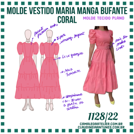 Molde Vestido 3 Marias Manga Bufante Coral 1128 22 CAMALEOA ATELIER