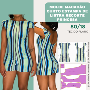 Molde Macacão Curto Estampa de Listra Recorte Princesa 80/18