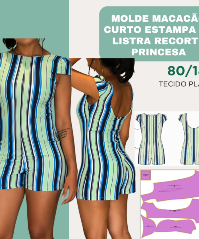 Molde Macacão Curto Estampa de Listra Recorte Princesa 80/18