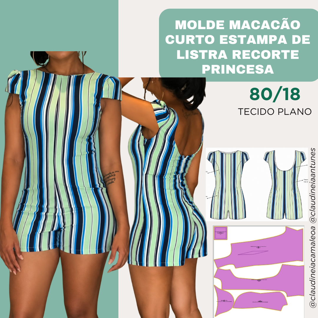 Molde Macacão Curto Estampa de Listra Recorte Princesa 80/18