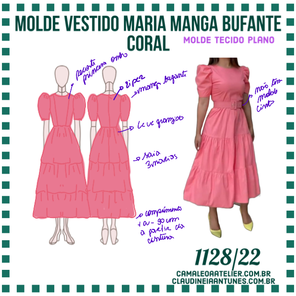 Molde Vestido 3 Marias Manga Bufante Coral 1128/22