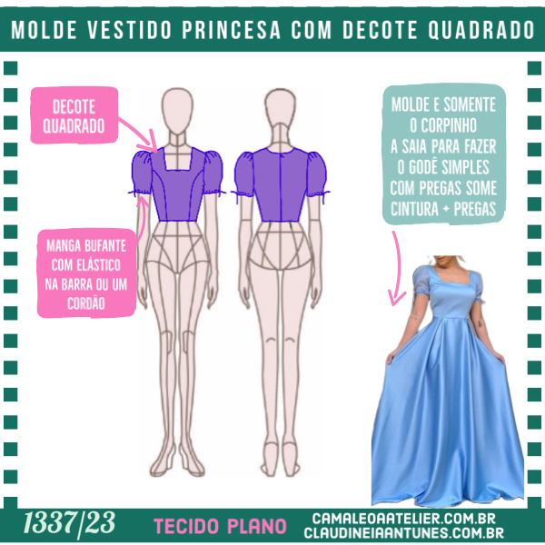 Molde Vestido Princesa com Decote Quadrado 1337/23