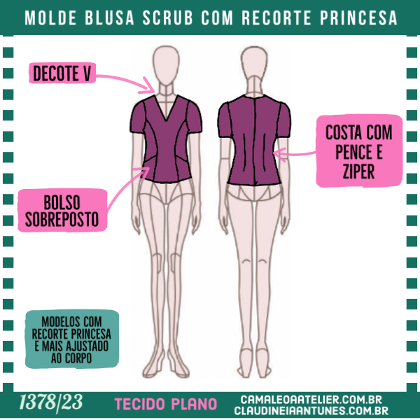 Molde Blusa Scrub com Recorte Princesa 1378/23