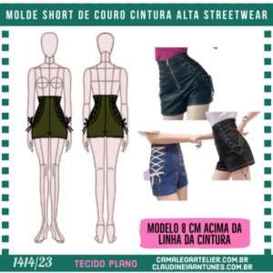 Molde Short de Couro Cintura Alta Streetwear 1414/23
