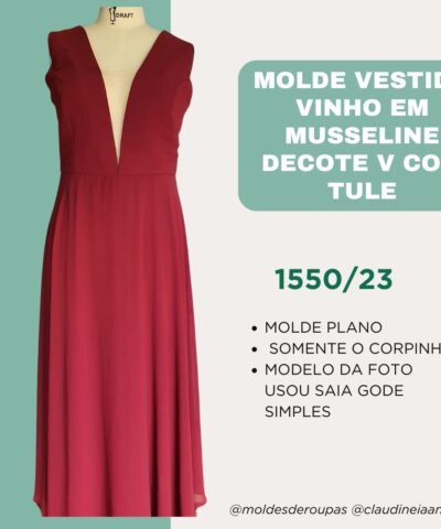 Molde Vestido Vinho em Musseline Decote V com Tule 1550/23