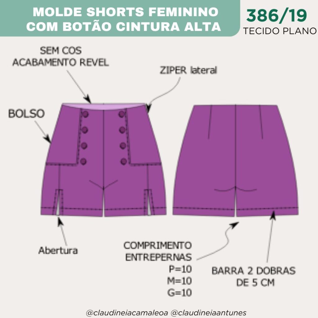Molde Short Feminino com Botão Cintura Alta 386/19