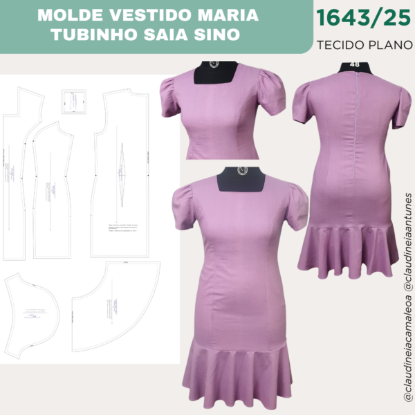 MOLDE VESTIDO MARIA TUBINHO SAIA SINO-DECOTE QUADRADO 1643/25 - Image 3