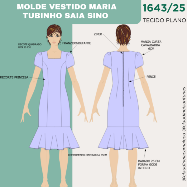 MOLDE VESTIDO MARIA TUBINHO SAIA SINO-DECOTE QUADRADO 1643/25