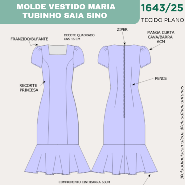 MOLDE VESTIDO MARIA TUBINHO SAIA SINO-DECOTE QUADRADO 1643/25 - Image 2