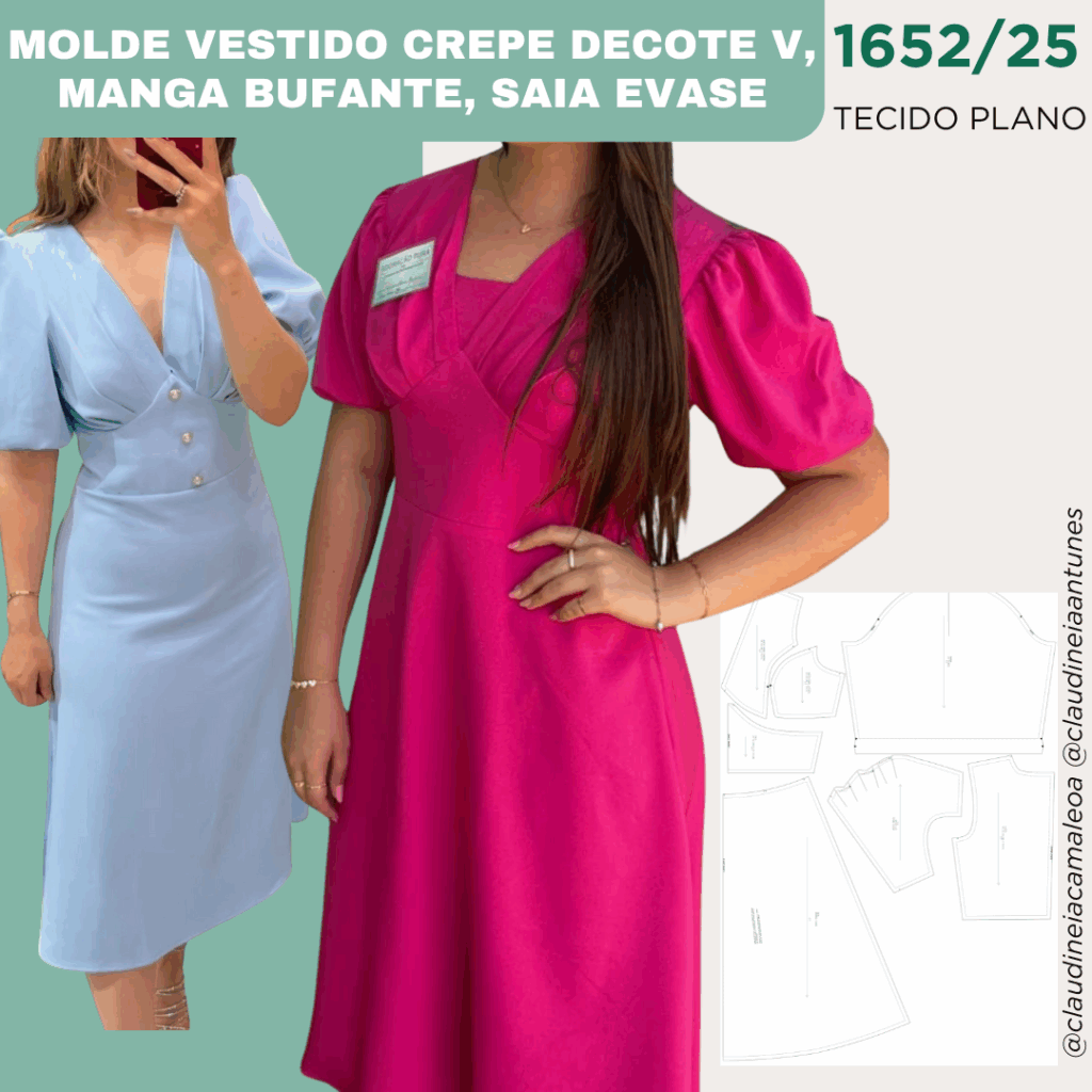 1652/25 MOLDE VESTIDO CREPE DECOTE V, MANGA BUFANTE, SAIA EVASE
